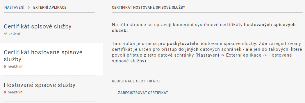 Certifikát hostované spisové služby